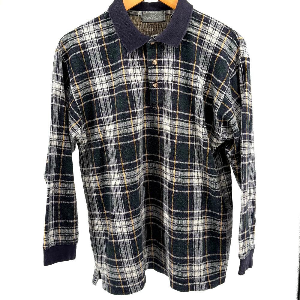 Vintage 90s Lord & Taylor 100% Cotton Blue Green Woven Knit Plaid Polo Shirt